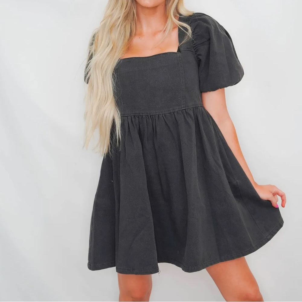 Mittoshop Washed Denim Puff Sleeve Babydoll Dress